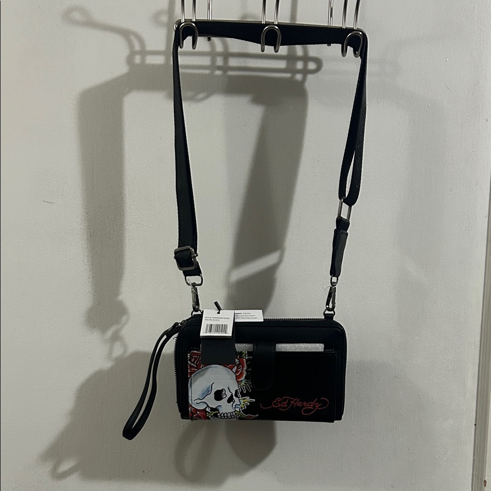 New Ed Hardy Black Crossbody Bag with Skull and Rose Design